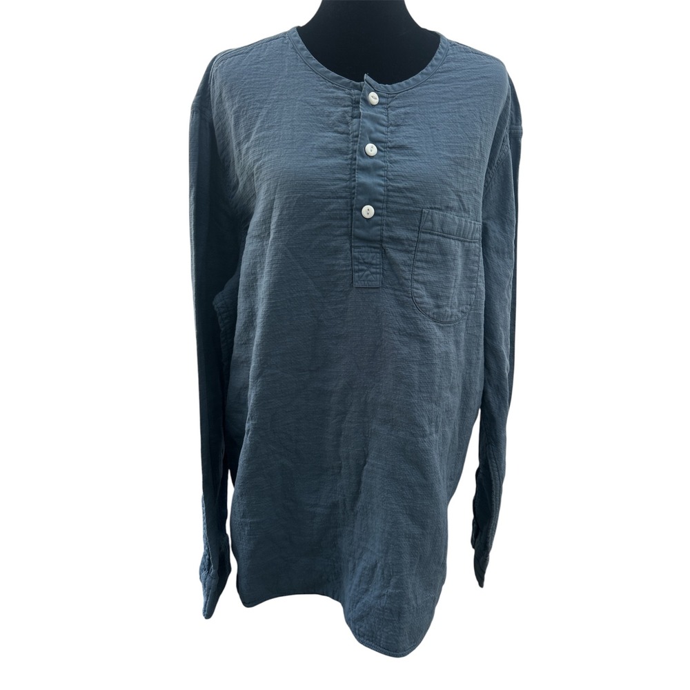 J.Crew Mens XL Blue‎ Cotton Gauze Henley Long Sleeve Shirt Textured Pocket XL